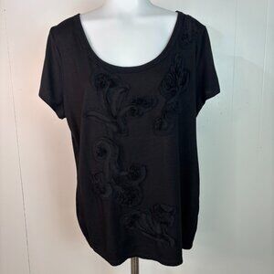 Talbots Top XL Black Floral Applique Short Sleeve Casual Shirt Women's